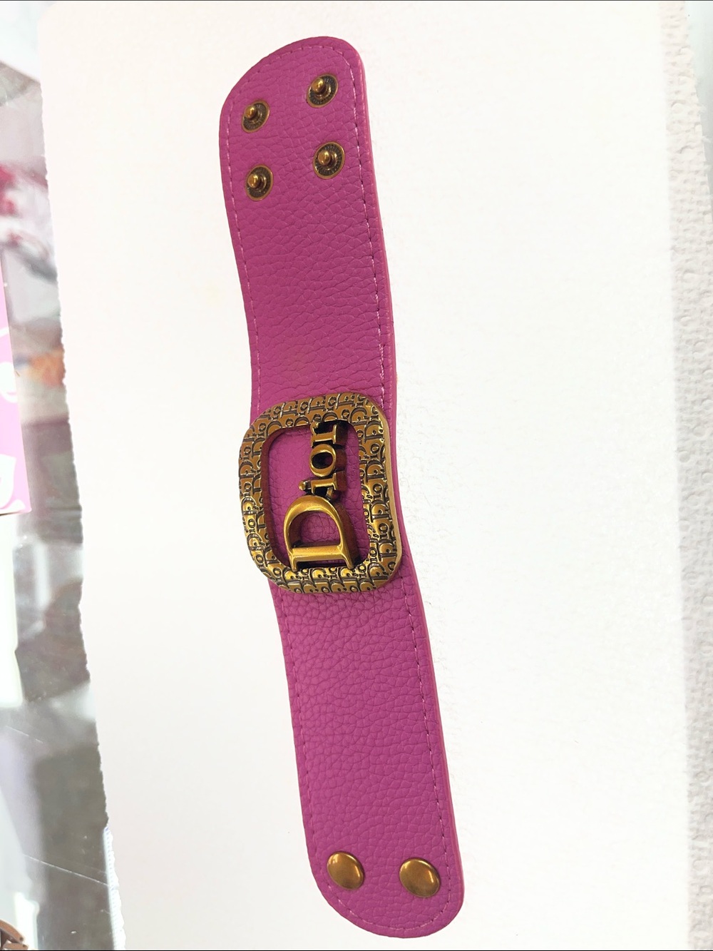 Dior Fuchsia Leather Bracelet with Gold Logo Buckle